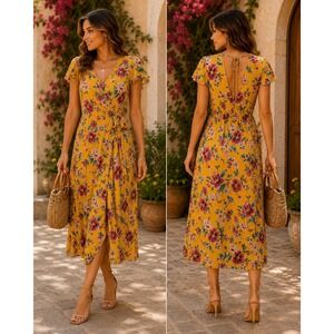 TARGET Mustard Floral Faux Wrap Midi Dress | MED | Effortlessly Feminine
